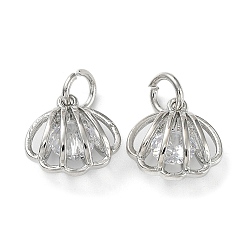 Platinum Rack Plating Brass Clear Cubic Zirconia Pendants, Long-Lasting Plated, Cadmium Free & Lead Free, with Jump Rings, Shell Shape, Platinum, 12.5x12.5x7mm, Hole: 4mm