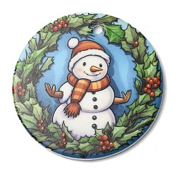 Snowman Christmas Handmade Printed Porcelain Big Pendants, Flat Round Charm, Snowman, 76x3.5mm, Hole: 5mm