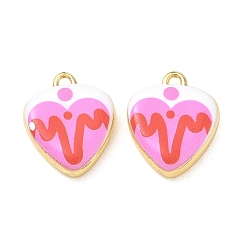 Hot Pink Printed Brass Pendants, Heart with Heartbeat Pattern Charms, Rack Plating, Long-Lasting Plated, Lead Free & Cadmium Free, Real 18K Gold Plate, Hot Pink, 20.5x17x5mm, Hole: 1.9mm
