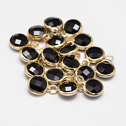 Black Glass Flat Round Charm, with Golden Plated Brass Findings, Faceted, Black, 9x6x3mm, Hole: 2mm