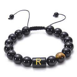 R Natural Black Agate Beaded Bracelet Adjustable Women's Handmade Alphabet Stone Strand Jewelry