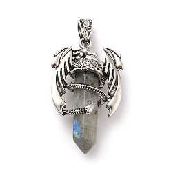 Labradorite Natural Labradorite Pointed Pendants, Faceted Bullet Charms, with Rack Plating Platinum Tone Alloy Dragon Findings, Cadmium Free & Lead Free, 39~41x24~25x13~14mm, Hole: 4x8mm