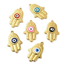 Mixed Color 304 Stainless Steel Enamel Pendants, Real 18K Gold Plated, Hamsa Hand with Evil Eye Charm, Mixed Color, 29x19x4.5mm, Hole: 1.8mm