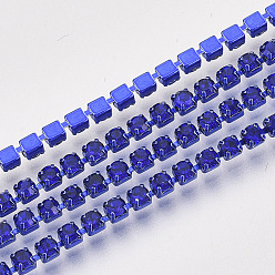 Sapphire Electrophoresis Iron Rhinestone Strass Chains, Rhinestone Cup Chains, with Spool, Sapphire, SS12, 3~3.2mm, about 10yards/roll