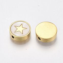 Golden 304 Stainless Steel Beads, with Shell, Flat Round with Star, Golden, 10x3mm, Hole: 1.6mm