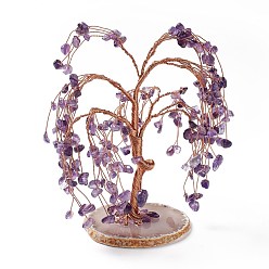 Amethyst Natural Amethyst Tree Display Decoration, Agate Slice Base Feng Shui Ornament for Wealth, Luck, Rose Gold Brass Wires Wrapped, 64~95x75~125x140~170mm