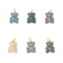 Mixed Color Rack Plating Brass Micro Pave Cubic Zirconia Charms, Lead Free & Cadmium Free, Bear Charm, Real 18K Gold Plated, with Jump Ring, Mixed Color, 15x10x3.5mm, Hole: 3mm