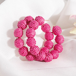 Hot Pink Rattan Round Bead C-shaped Stud Earrings, with Metal Pins, Half Hoop Earrings, Bohemia Style Long Drop Earrings for Women, Hot Pink, 60mm