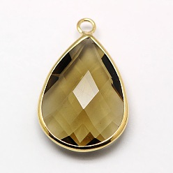 Tan Golden Tone Brass Glass Teardrop Pendants, Faceted, Tan, 18x10x5mm, Hole: 2mm