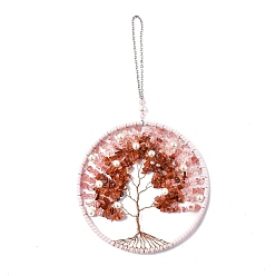 Red Agate Wire Wrapped Chips Natural Rose Quartz & Red Agate Big Pendant Decorations, with Iron Chains and Imitation Leather Rope, Flat Round with Tree of Life, 295mm