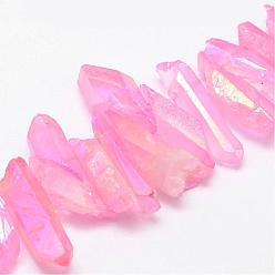 Pearl Pink Electroplated Natural Quartz Crystal Bead Strands, Nuggets, Dyed, Pearl Pink, 16~36x5~8x5~8mm, Hole: 1mm, about 15pcs/strand, 4 inch