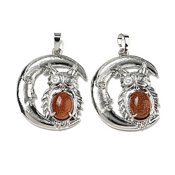 Камень с Пылевым Золотом Синтетические голдстоуновские подвески, Подвески в виде совы со стойкой, латунь, луна, платина, без кадмия и без свинца, 38.5x31.5x8 мм, отверстие : 8x5 мм