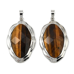 Тигровый глаз Граненые подвески из натурального тигрового глаза, латунные овальные подвески в оправе, платина, стойки покрытие, 41x26x7 мм, отверстие : 5x8 мм