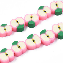 Pink Handmade Polymer Clay Bead Strands, Apple Slice, Pink, 6~12x7~11x4~4.5mm, Hole: 1.6mm, about 38~40pcs/strand, 12.99 inch~15.55 inch(33~38.5cm)