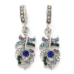 Platinum Rack Plating Alloy Pave Colorful Rhinestone Feather European Dangle Charms, Large Hole Pendants, Cadmium Free & Nickel Free & Lead Free, Platinum, 35mm, Hole: 4.8mm, Feather: 23x10.5x3mm