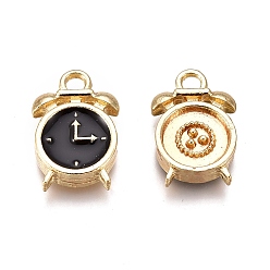 Black Alloy Enamel Pendants, Clock, Golden, Black, 16x10.5x3mm, Hole: 2mm