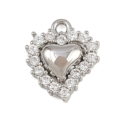 Платина Латунные микро проложить кубического циркония подвески, сердце прелести, стойки покрытие, долговечный, без кадмия и без свинца, платина, 10.5x9x2.5 мм, отверстие : 1.2 мм