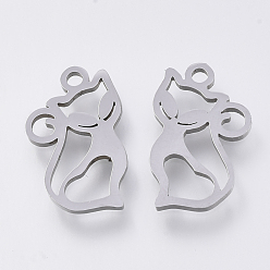 Stainless Steel Color 201 Stainless Steel Kitten Pendants, Laser Cut Pendants, Hollow Cat Shape, Stainless Steel Color, 15x9x1mm, Hole: 1.2mm