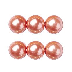 Dark Salmon Eco-Friendly Glass Pearl Beads Strands, Grade A, Round, Dyed, Cotton Cord Threaded, Dark Salmon, 12mm, Hole: 1.2~1.5mm, about 34pcs/strand, 15.7 inch