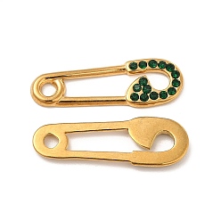 Emerald Vacuum Plating 201 Stainless Steel Rhinestone Connector Charms, Safety Pin Links, Real 18K Gold Plated, Emerald, 24.5x8x1.5mm, Hole: 2mm and 3mm
