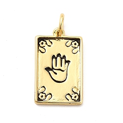 Real 18K Gold Plated Rack Plating Brass Pendants, Long-Lasting Plated, with Jump Rings, Cadmium Free & Lead Free, Rectangle with Palm Pattern Charm, Real 18K Gold Plated, 16.5x10x1.5mm, Hole: 3mm, ring: 5x0.9mm