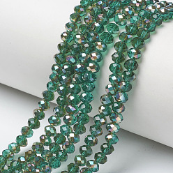 Teal Electroplate Glass Beads Strands, Half Plated, Rainbow Plated, Faceted, Rondelle, Teal, 6x5mm, Hole: 1mm, about 85~88pcs/strand, 16.1~16.5 inch(41~42cm)