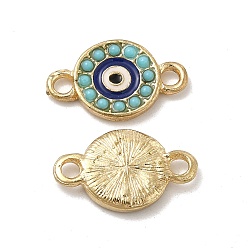 Golden Alloy Connector Charms with Enamel and Synthetic Turquoise, Flat Round Links with Midnight Blue Evil Eye, Nickel, Golden, 20x12x3mm, Hole: 2.5mm