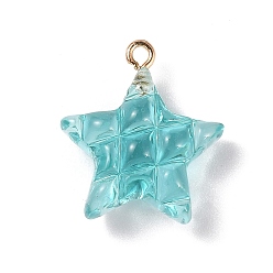 Turquoise Transparent Resin Pendants, Star Charms with Light Gold Tone Alloy Loops, Turquoise, 23x20.5x9.5mm, Hole: 2mm