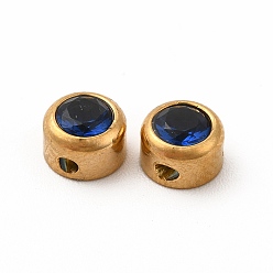 Blue Eco-Friendly 304 Stainless Steel Beads, with Glass, Flat Round, Blue, 6x4mm, Hole: 1.2mm
