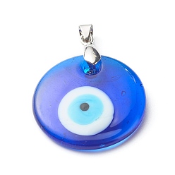 Dark Blue Handmade Lampwork Evil Eye Pendants, with Grade AA Brass Ice Pick Pinch Bails Finding, Flat Round, Dark Blue, 36x30x5mm, Hole: 6x4mm