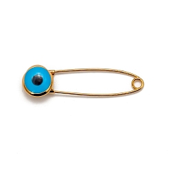 Deep Sky Blue Evil Eye Safety Pin Brooch, Alloy with Glass Brooch, Deep Sky Blue, 39x10mm
