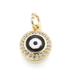Black Brass Micro Pave Clear Cubic Zirconia Charms, with Enamel and Jump Rings, Golden, Flat Round with Evil Eye, Black, 11x9.5x2mm, Hole: 3mm