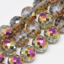 Tan Electroplate Glass Beads Strands, Rainbow Plated, Frosted, Faceted, Round, Tan, 12mm, Hole: 1.5mm, about 50pcs/strand, 22.05 inch
