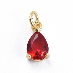 Red Brass Micro Pave Cubic Zirconia Pendants, with Jump Ring, Teardrop, Golden, Red, 11.5x6.5x4mm, Hole: 3mm
