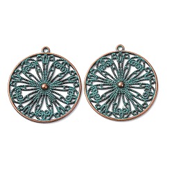 Flower Tibetan Style Alloy Pendants, Red Copper & Green Patina, Flower, 33x30.5x2.5mm, Hole: 1.6mm
