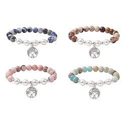 Mixed Stone Natural Mixed Gemstone & Shell Pearl Stretch Bracelet, with Alloy Tree of Life Charms, Inner Diameter: 2-3/4 inch(7cm)