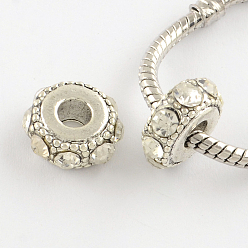 Crystal Flat Round Antique Silver Plated Alloy Rhinestone European Beads, Large Hole Beads, Crystal, 14~15x6~7mm, Hole: 5mm