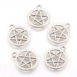 Antique Silver Tibetan Style Alloy Flat Round with Star Charms, Wicca Charms, Pentacle, Lead Free, Antique Silver, 20.5x16.9x1.7mm, Hole: 2.2mm