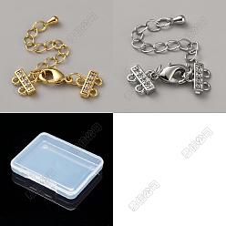 Platinum & Golden 4Pcs 2 Colors Brass Micro Pave Clear Cubic Zirconia Ends with Chains, with Lobster Claw Clasps & Twisted Chain Extension, Platinum & Golden, 30x10mm, 2pcs/color 