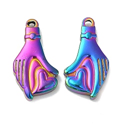 Rainbow Color Ion Plating(IP) 304 Stainless Steel Pendants, Palm with Heart Charm, Rainbow Color, 22x12x3.5mm, Hole: 1.2mm