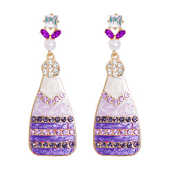 purple Champagne-Colored Oil-Coated Earrings with Sparkling Diamonds and Pearls