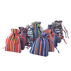 Mixed Color Linenette Drawstring Bags, Rectangle with Stripe Pattern, Mixed Color, 13x9cm