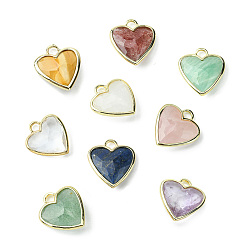 Mixed Stone Natural Mixed Gemstone Pendants, Faceted Heart Charms, with Rack Plating Light Gold Plated Brass Edge, 23x20x7mm, Hole: 4x4mm