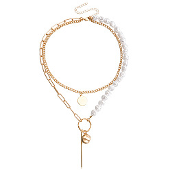 golden Baroque Pearl Necklace with Geometric Shapes and Long Rod Pendant Chain