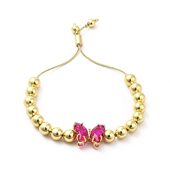Rose Foncé Bracelets coulissants à perles rondes en laiton plaqué en rack pour femmes, bracelets réglables papillon en verre plaqué longue durée, sans nickel et sans plomb, réel 18 k plaqué or, rose foncé, diamètre intérieur : 1-1/2~2-7/8 pouces (3.7~7.2 cm)