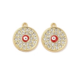 Rouge Plaqué or pendentifs en alliage d'émail, avec strass, plaqué longue durée, plat rond avec breloque mauvais œil, rouge, 18x15x3mm, Trou: 1.5mm