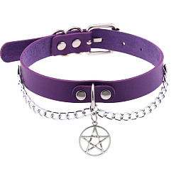 purple Stylish Star Pendant Collarbone Necklace with Leather Chain for Women
