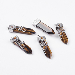Tiger Eye Natural Tiger Eye Big Pendants, with Alloy Findings, Arrow, Platinum, 56~58x16x10mm, Hole: 5x7mm