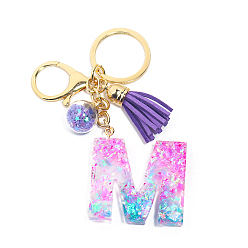 Letter M Resin Keychains, Tassel Keychain, Glass Ball Keychain, with Light Gold Tone Plated Iron Findings, Alphabet, Letter.M, 11.2x1.2~5.7cm