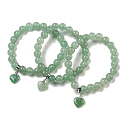 Зеленый Авантюрин 8.5круглые эластичные браслеты из натурального зеленого авантюрина диаметром мм, Женские браслеты с подвесками в виде сердечек с латунными дужками, внутренний диаметр: 2-1/8 дюйм (5.5 см)
